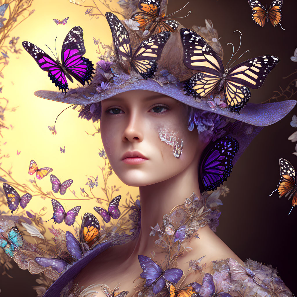 Woman in Butterfly-themed Attire with Purple, Orange, and Yellow Butterflies