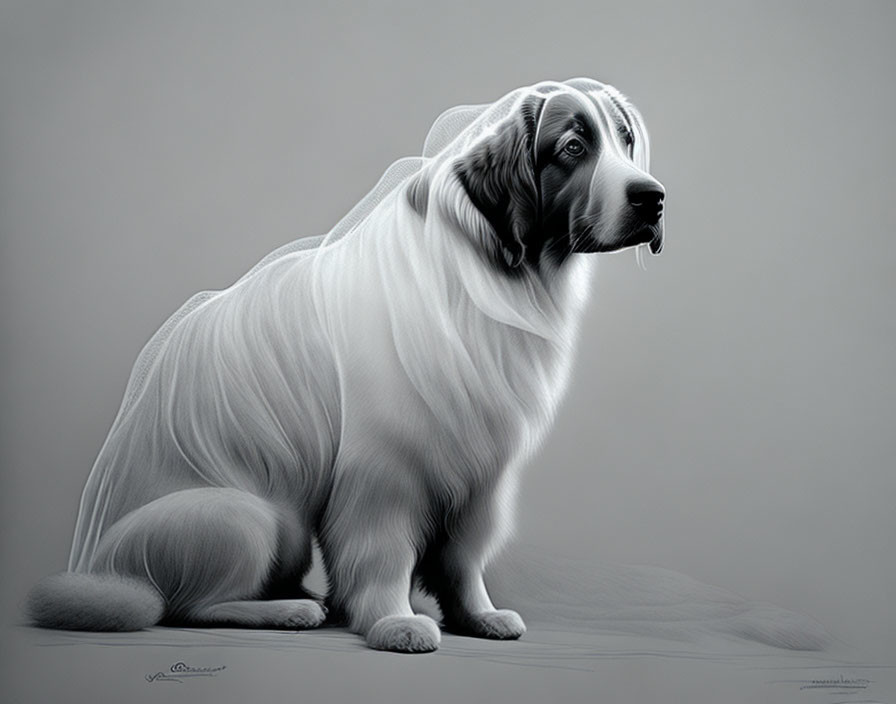 Monochromatic digital artwork of a seated dog with flowing coat on soft grey background