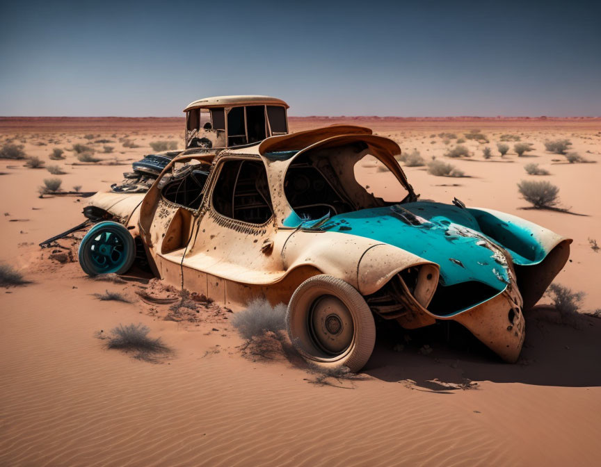 Vintage car half-buried in desert sand under clear blue sky