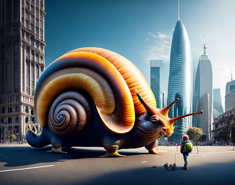 Enormous colorful snail in urban setting with child and skyscrapers