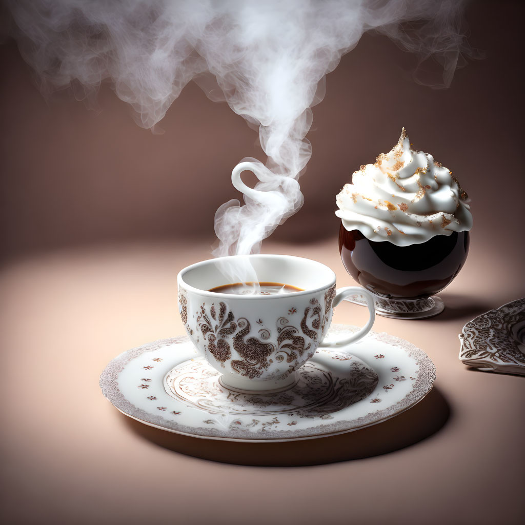 Steaming Coffee Cup with Whipped Cream Dessert in Elegant Setting