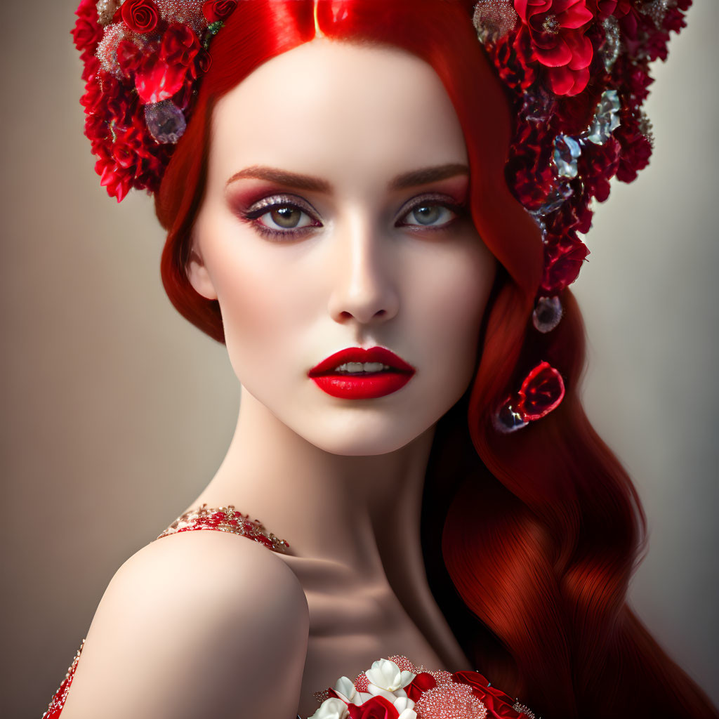 Vivid red-haired woman with floral headpiece and striking makeup