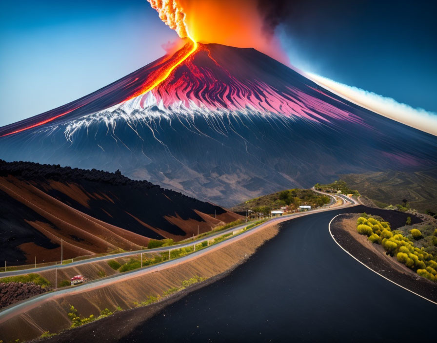 Volcano erupting with fiery lava flows at twilight