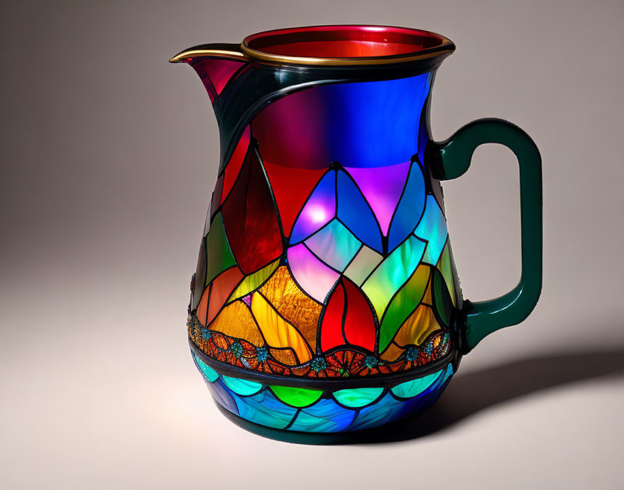 Colorful Stained Glass Pitcher with Blues, Reds, Oranges, and Purples