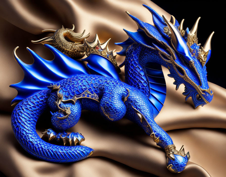 Detailed 3D blue and gold dragon illustration on brown fabric