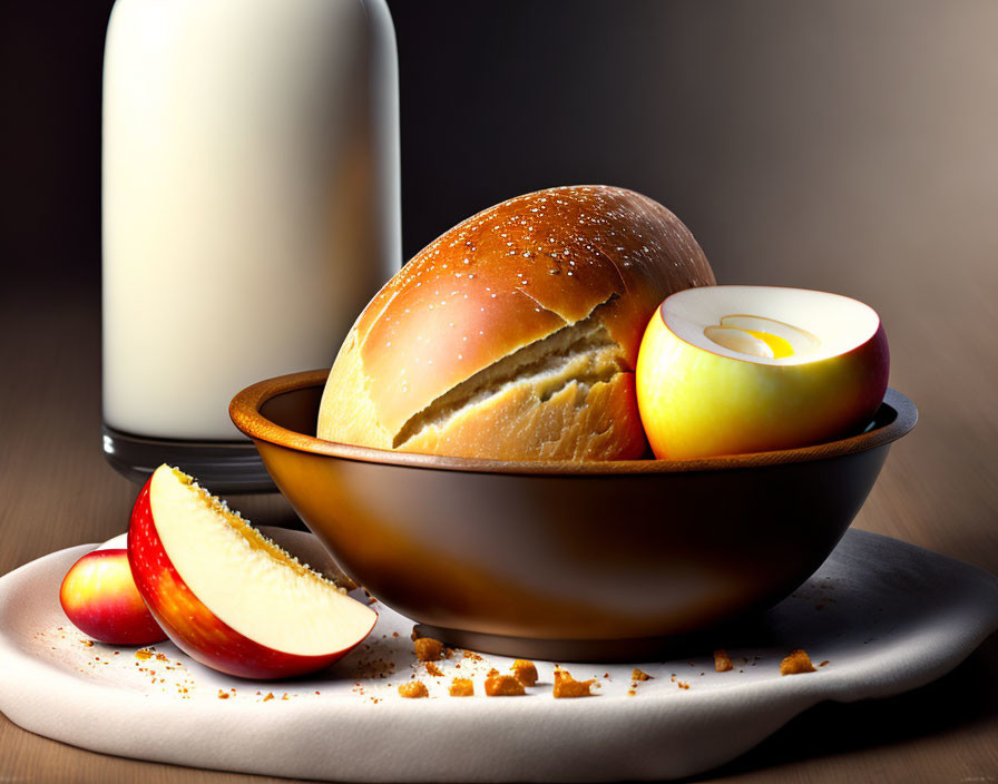 Still life photo: bread loaf, sliced apple, apple pieces, milk bottle on wooden table