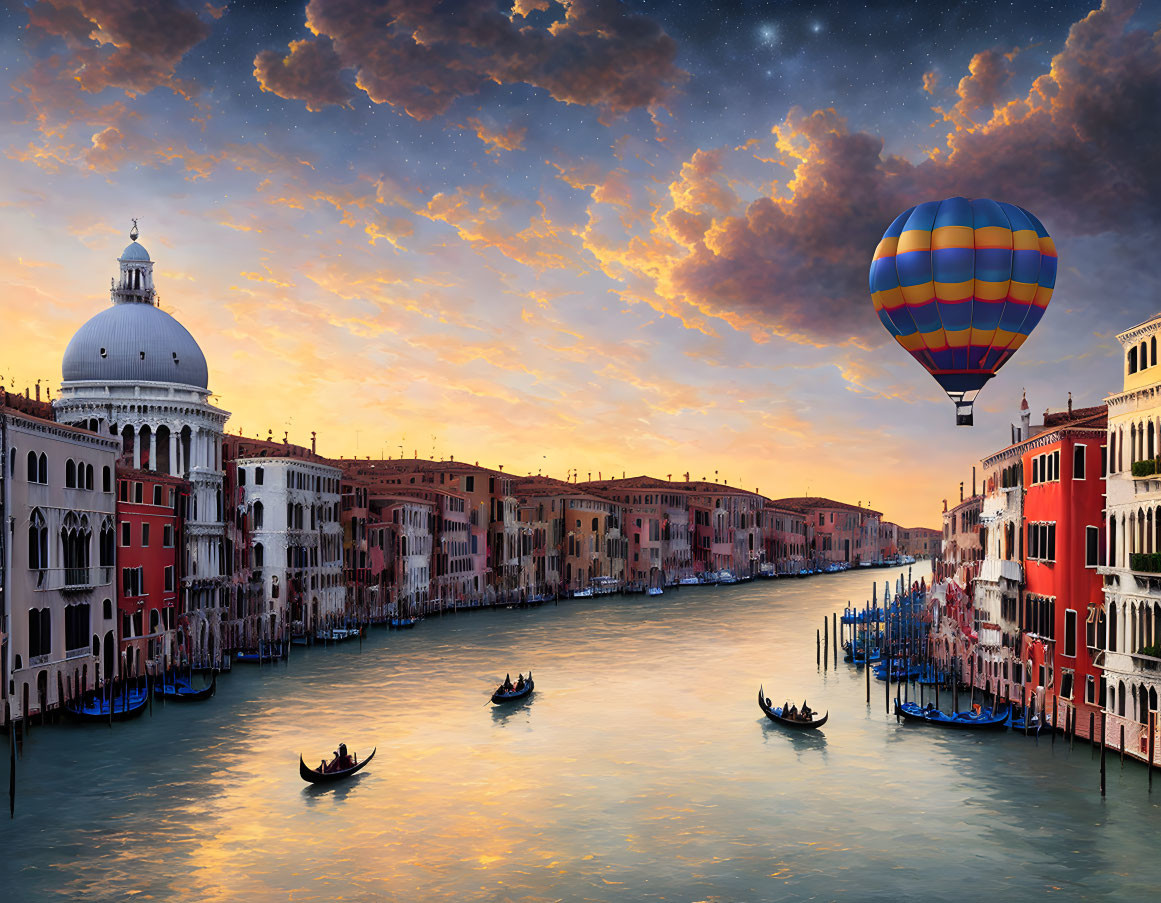 Vibrant hot air balloon over Venice canals at sunset