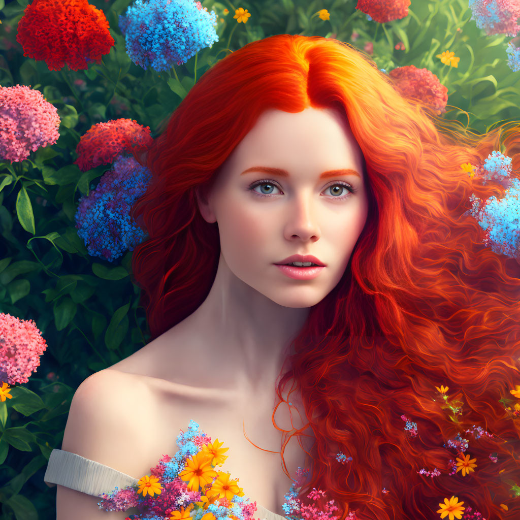 Vibrant red-haired woman surrounded by colorful flowers and piercing blue eyes