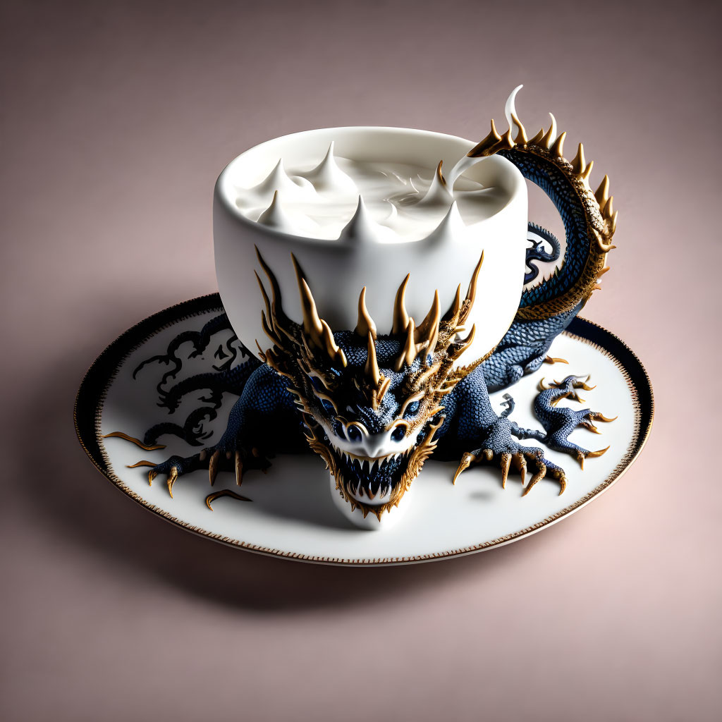 Blue dragon with golden horns 3D artwork on ornate cup and saucer