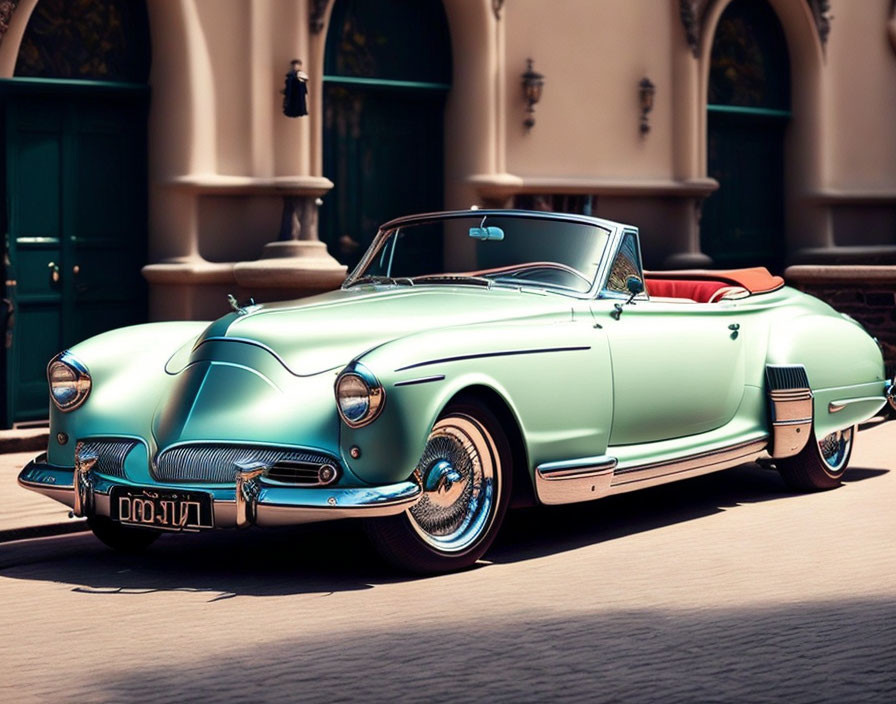 Classic Mint Green Convertible Car Parked in Front of White Building