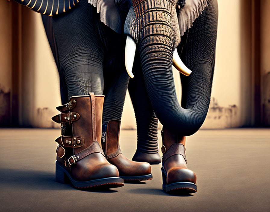 Person in Brown Leather Boots Beside Elephant's Legs: Size and Textures Compared