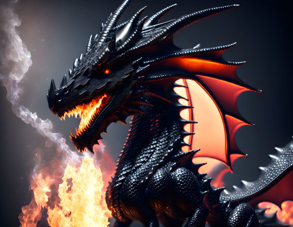 Black dragon with glowing orange eyes and fiery breath on dark background