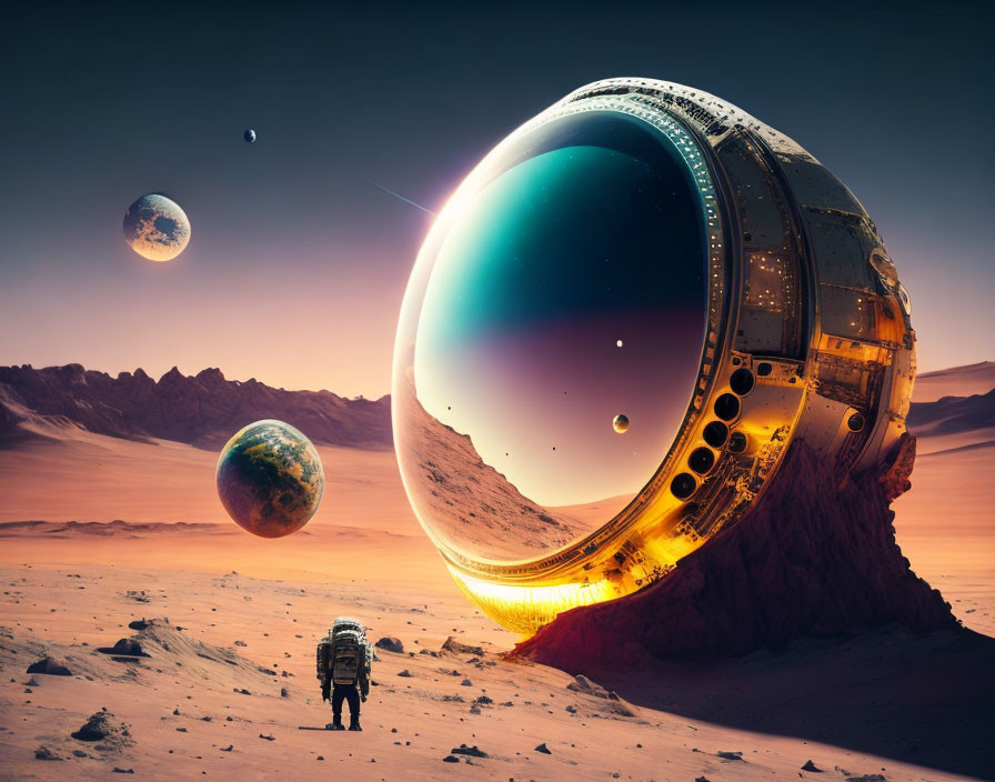 Astronaut near futuristic sphere on desert alien planet