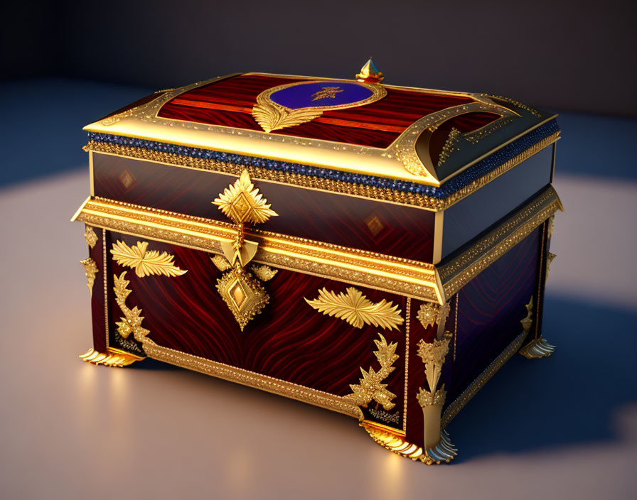 Polished Wood Chest with Gold Trim and Intricate Inlays