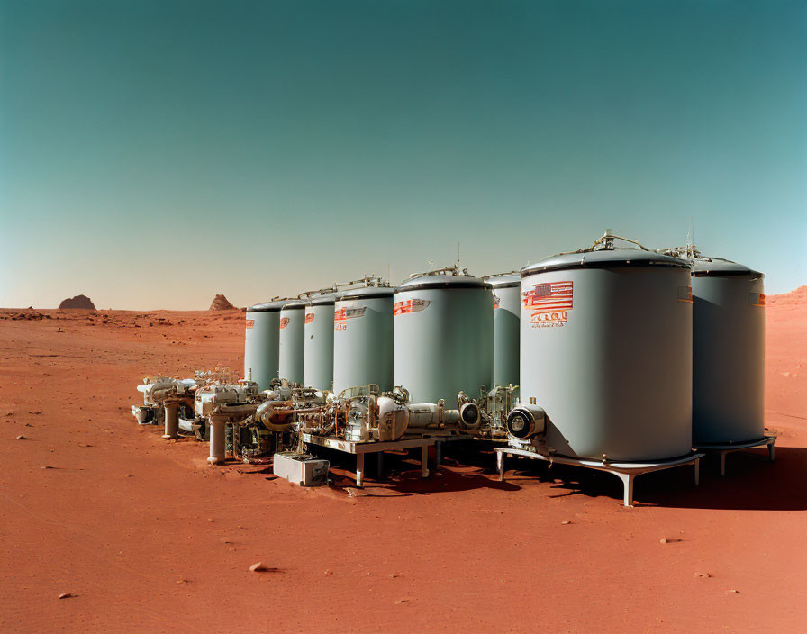 Industrial equipment on red sandy surface resembling Mars with cylindrical tanks and pipes under clear sky