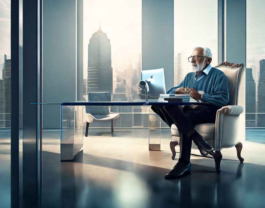 Senior man with beard works on laptop in high-rise office with skyscraper view.