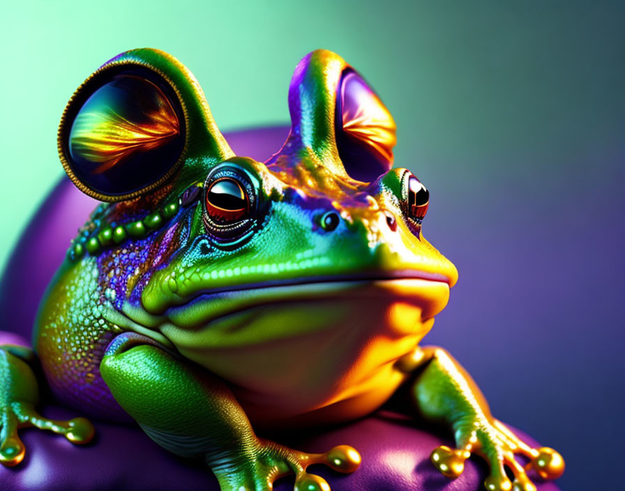 Colorful Metallic Frog with Golden Eyes on Purple Surface