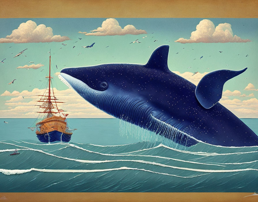 Gigantic whale leaps above sea with sailing ship in surreal illustration