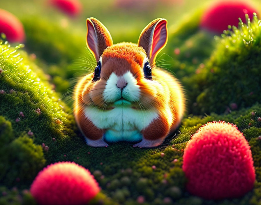 Exaggerated bunny amidst vibrant, magical scenery