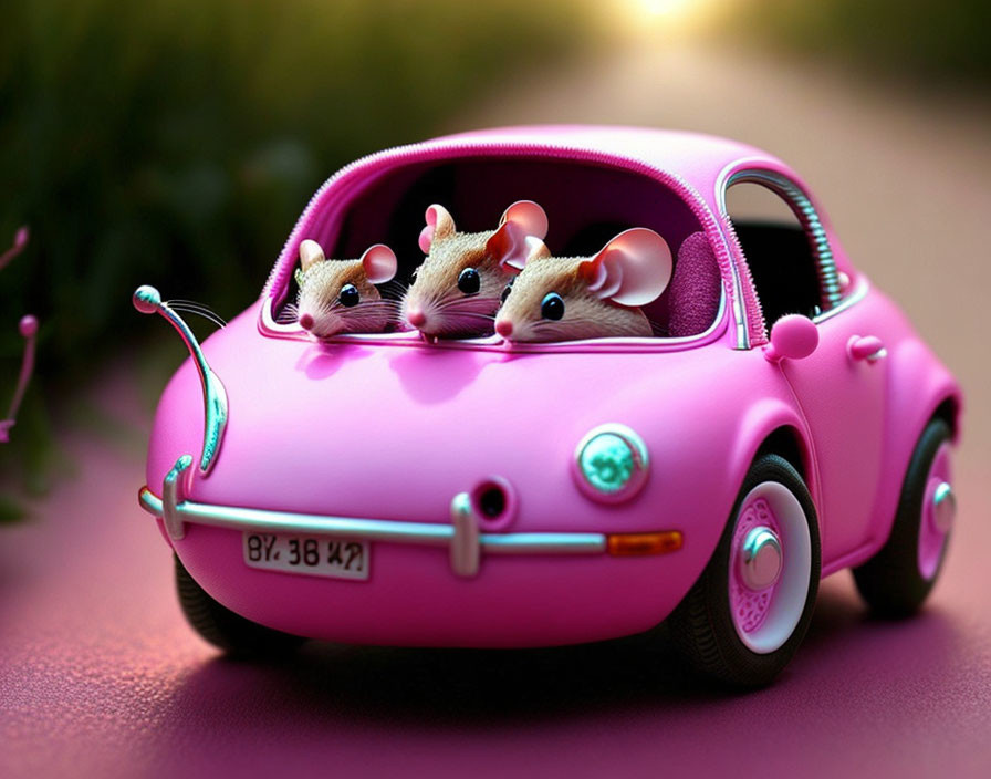 Cartoon mice in pink car on smooth surface with blurred background