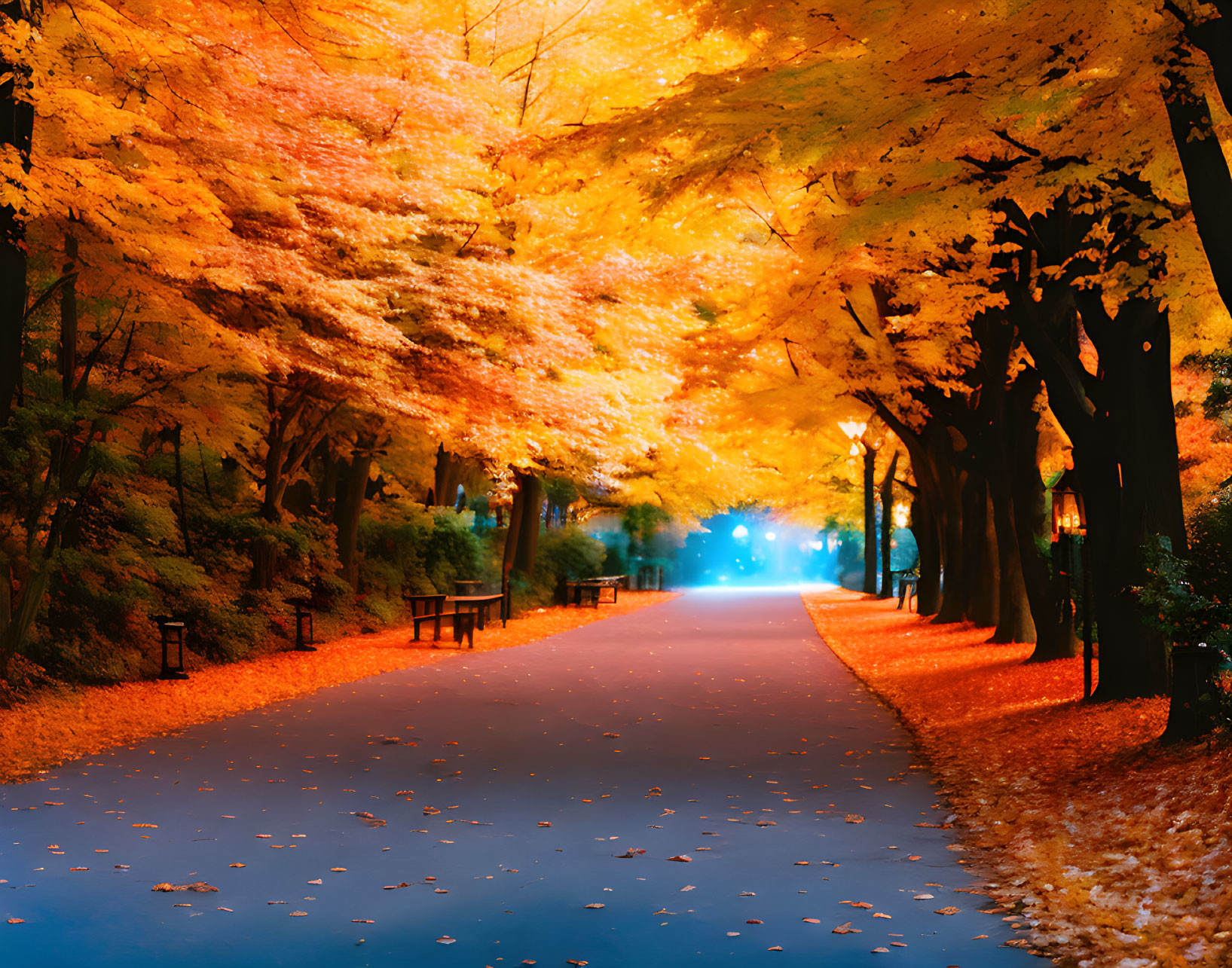 Vibrant autumn path through golden-orange tree tunnel