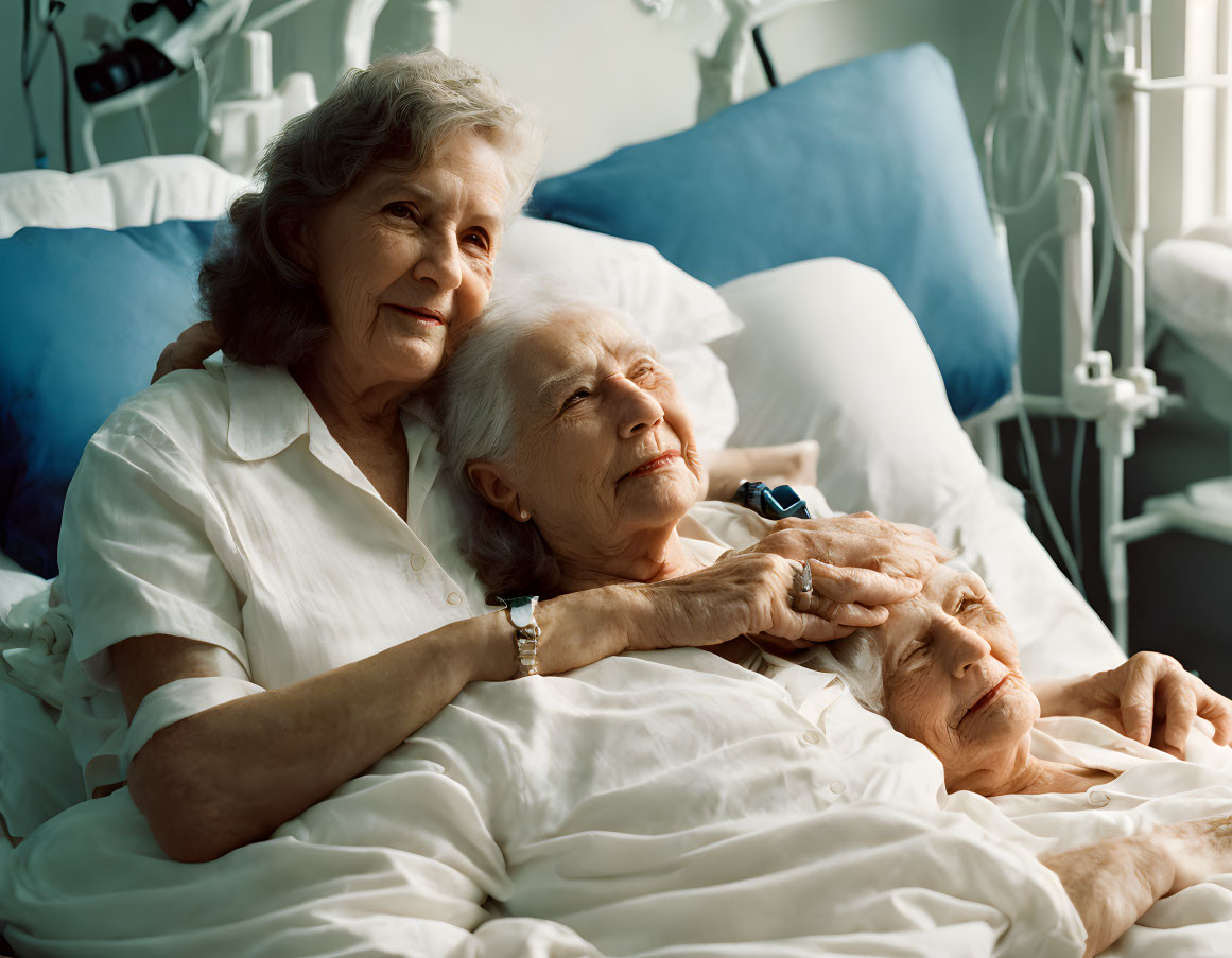 Elderly woman comforting two others in hospital bed