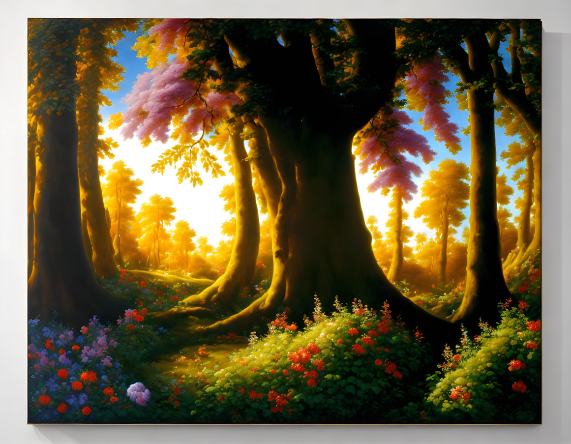 Lush forest scene with sunlight filtering through trees