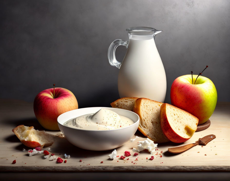 Still life with milk jug, yogurt, bread, and apples on wooden surface