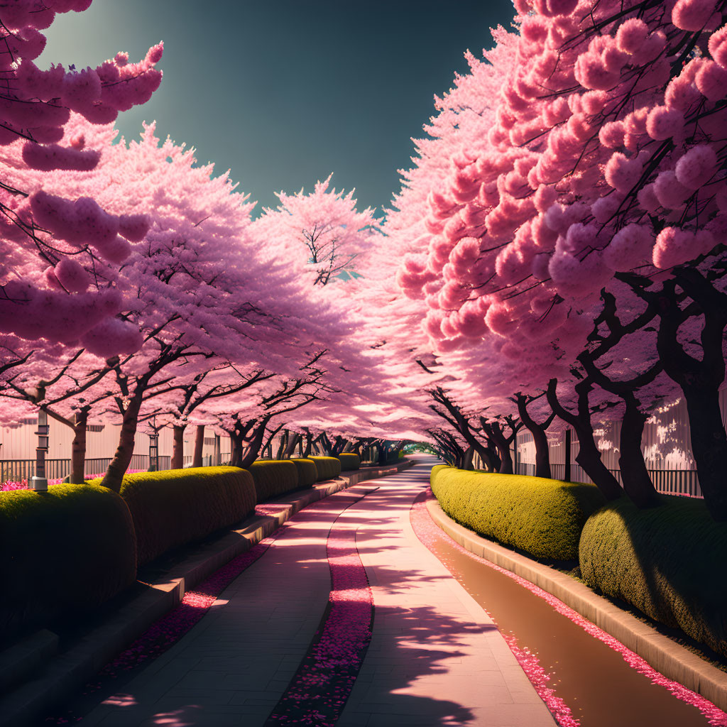 Blooming pink cherry blossom trees on a scenic path under clear skies