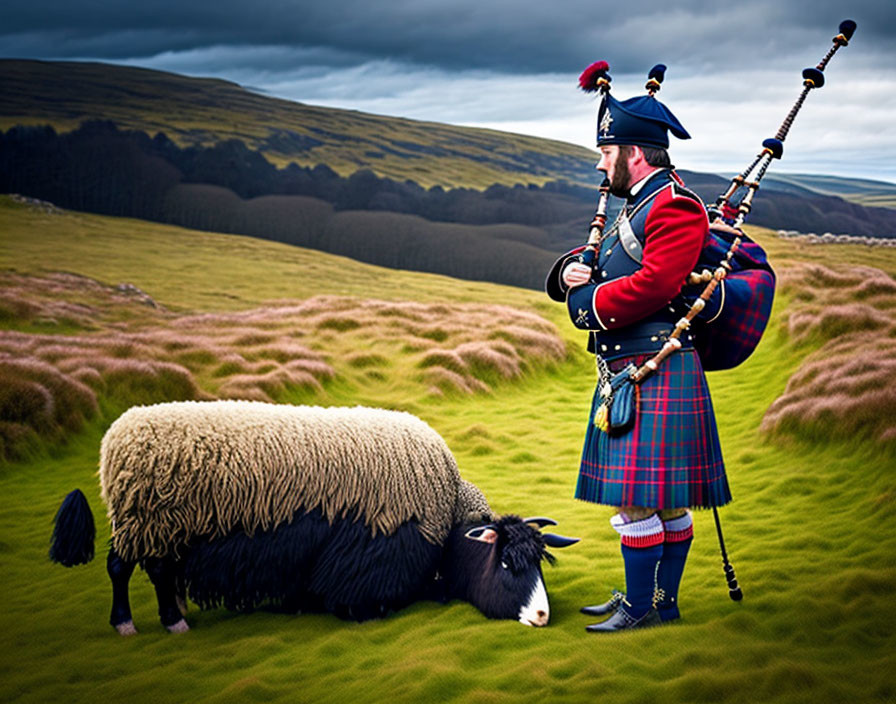 Scottish man playing bagpipes with sheep in grassland