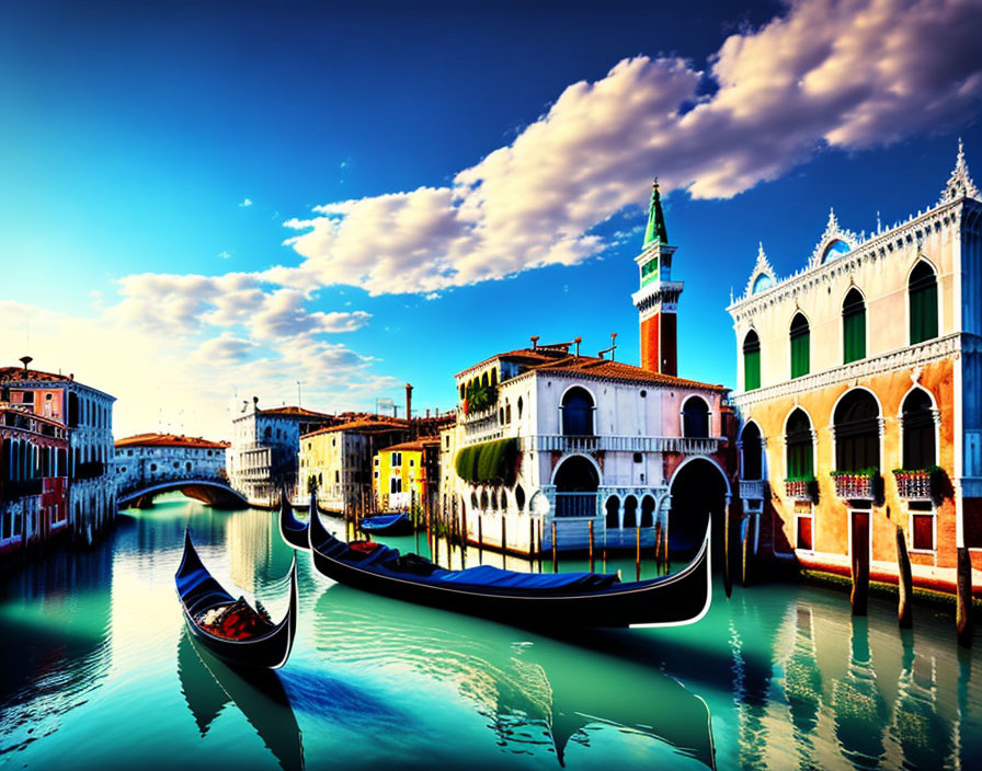 Venice Gondolas on Vibrant Canal with Historical Buildings