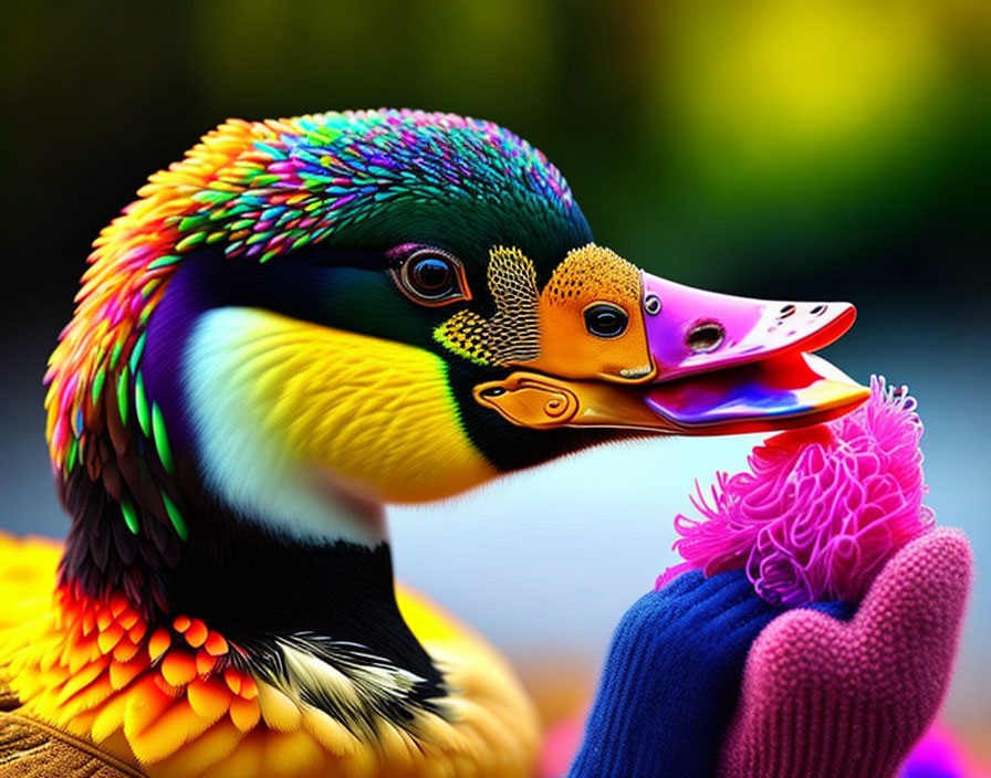 Colorful Duck with Rainbow Beak and Feathers on Blurry Background