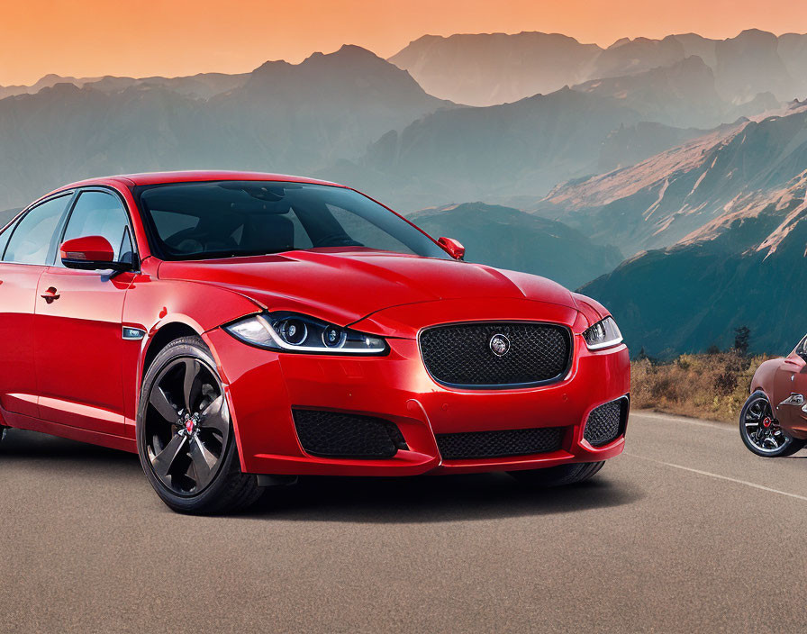 Red Sedans on Road with Mountainous Sunset Backdrop