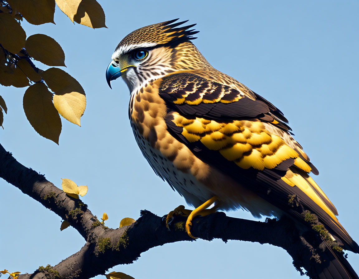 Majestic falcon perched on tree branch under clear blue sky