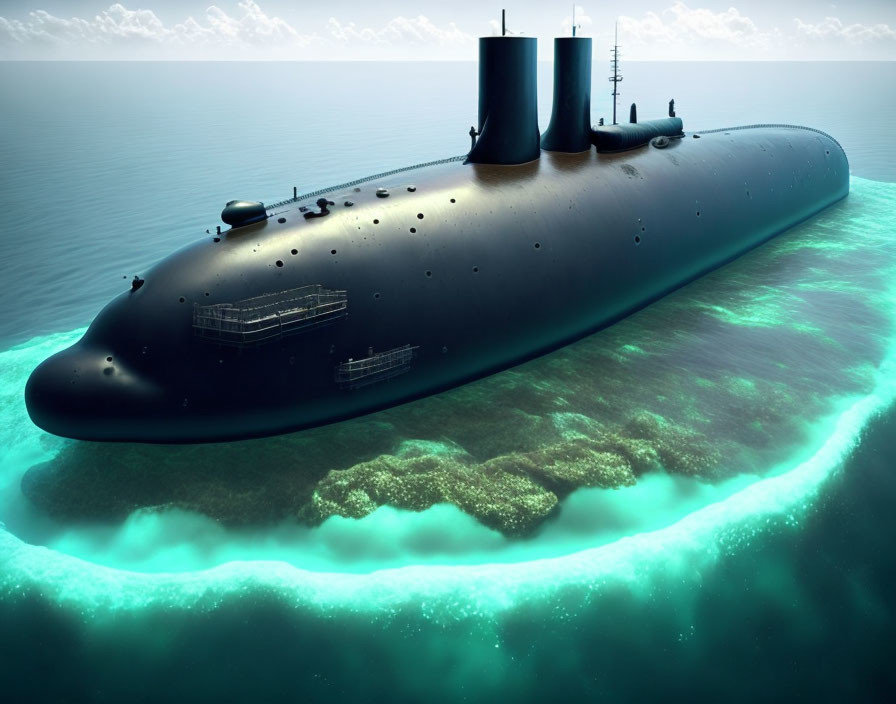 Submarine near vibrant coral reef in calm ocean waters