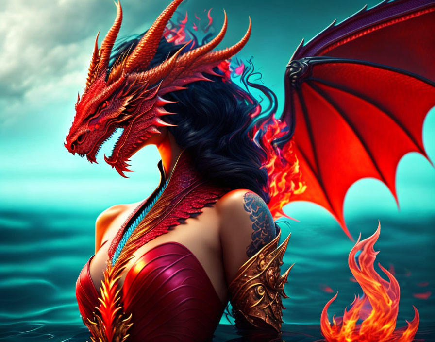 Woman with dragon-like features overlooking water with flames and small dragon.