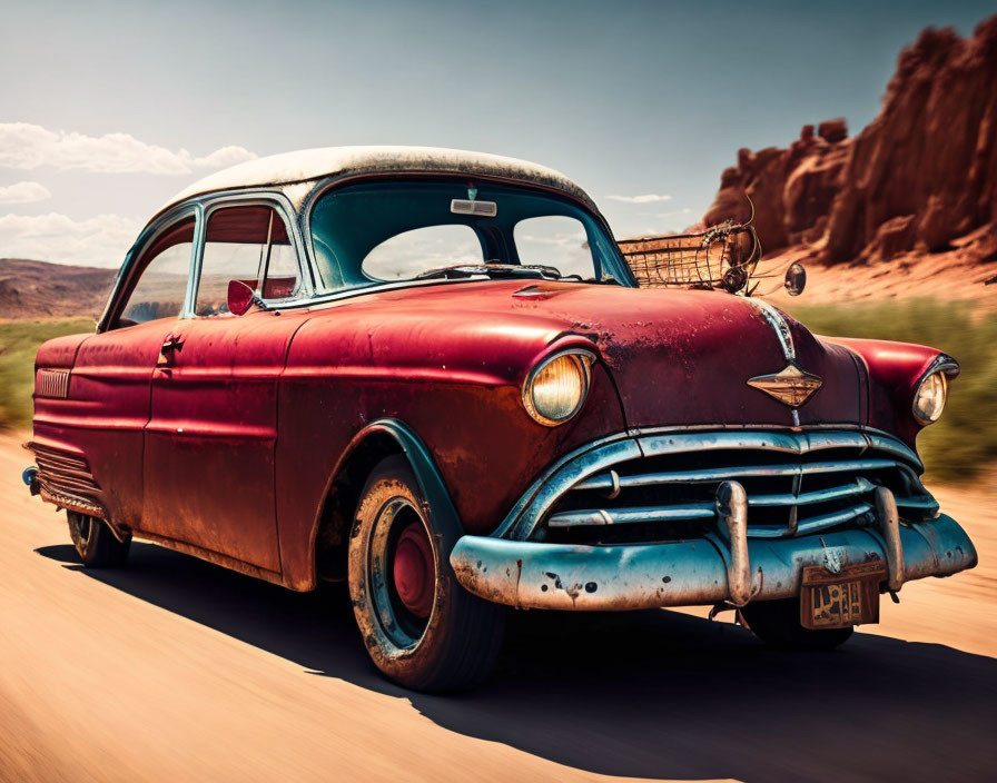 Classic Red Car Driving on Desert Road with Rocky Formations