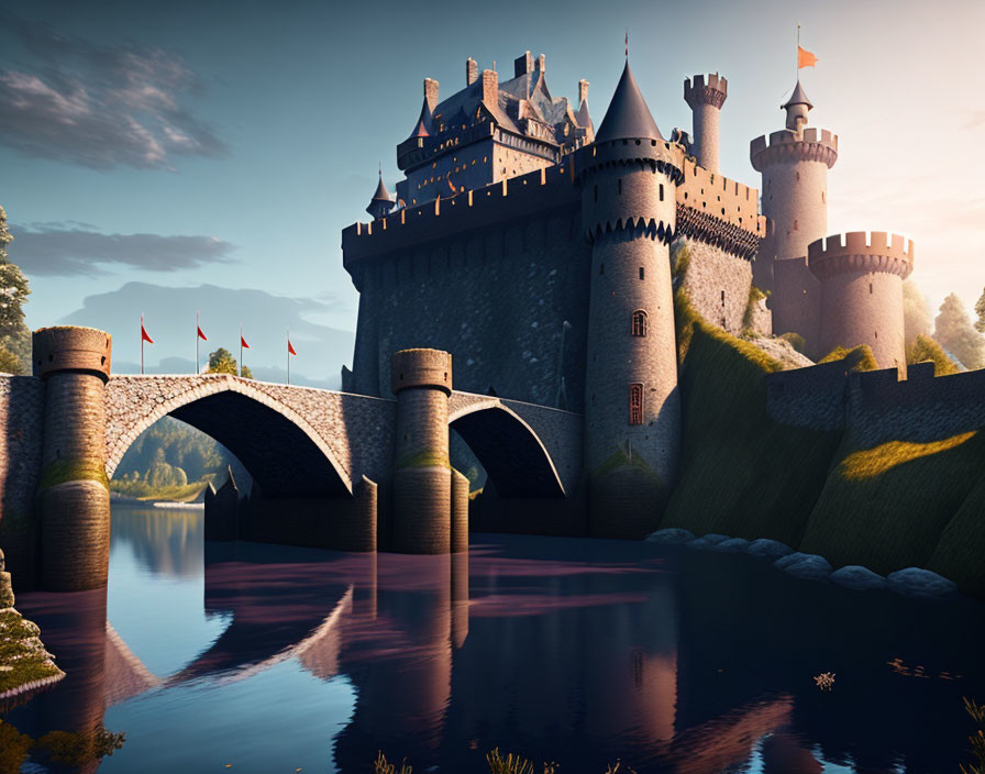 Medieval castle with towers and bridge over water under serene sky