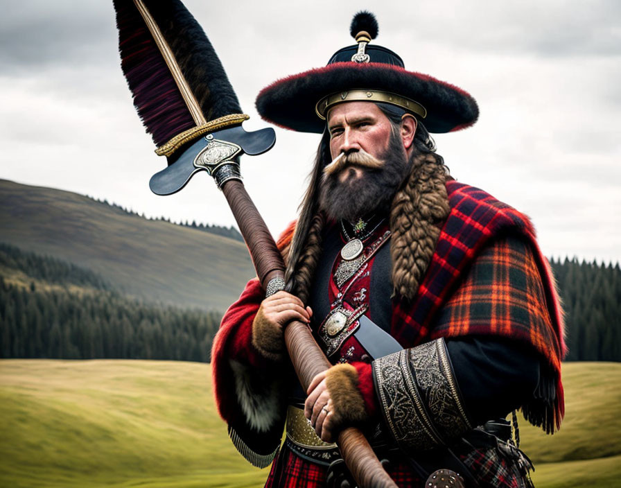 Traditional Scottish man in plumed hat plays bagpipes in grassy field