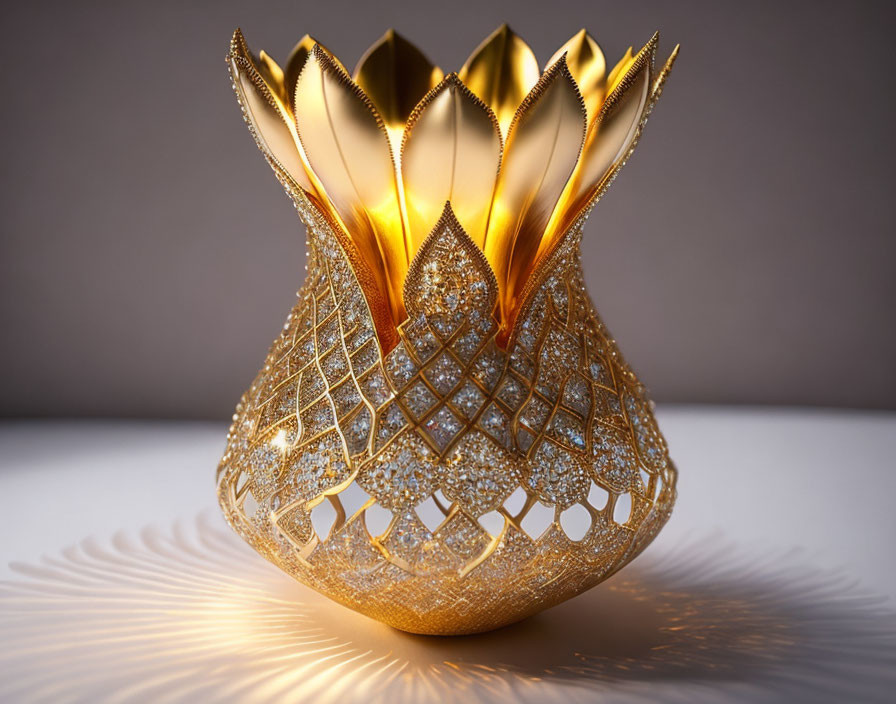 Golden decorative object with lattice pattern, illuminated casting radiant shadow.