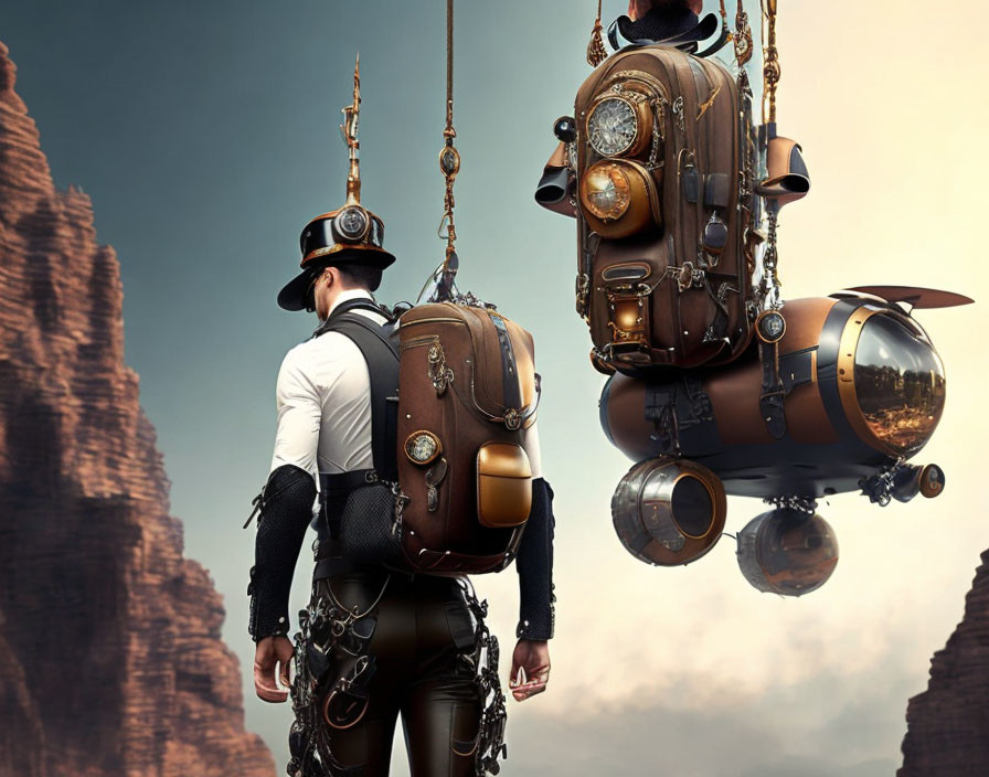 Steampunk-themed person admires suspended submarine-like backpacks in rocky landscape