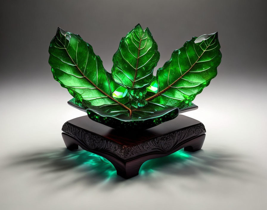 Translucent green glass leaves sculpture on wooden stand with glowing light