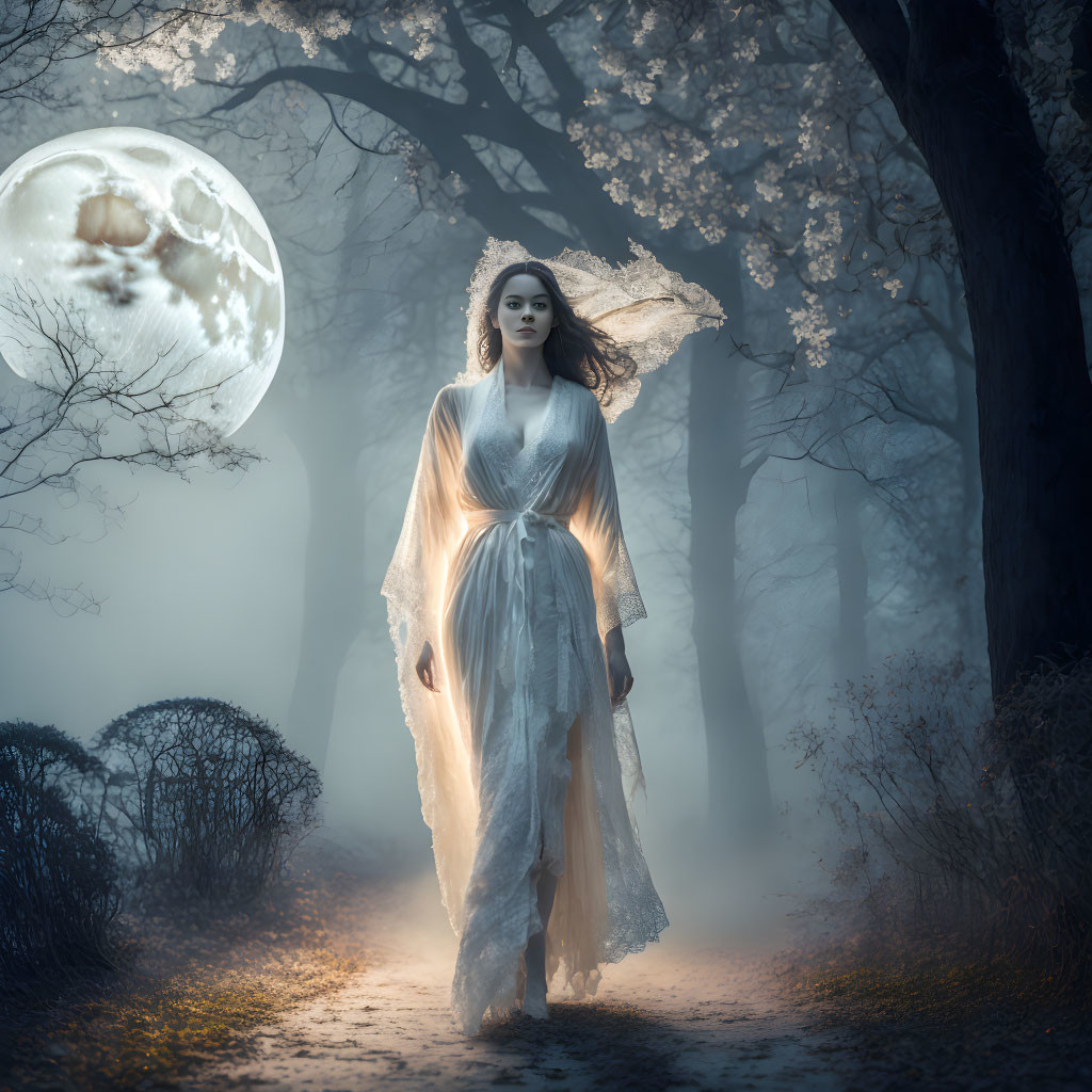 Woman in white walking through foggy moonlit forest path