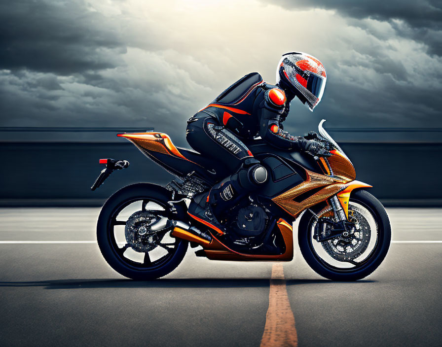 Motorcyclist in full gear on orange and black sports bike on asphalt road under dramatic sky