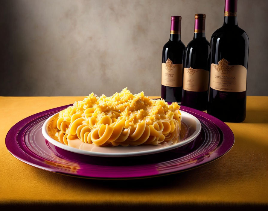 Cooked fusilli pasta with grated cheese and red wine bottles on yellow backdrop.