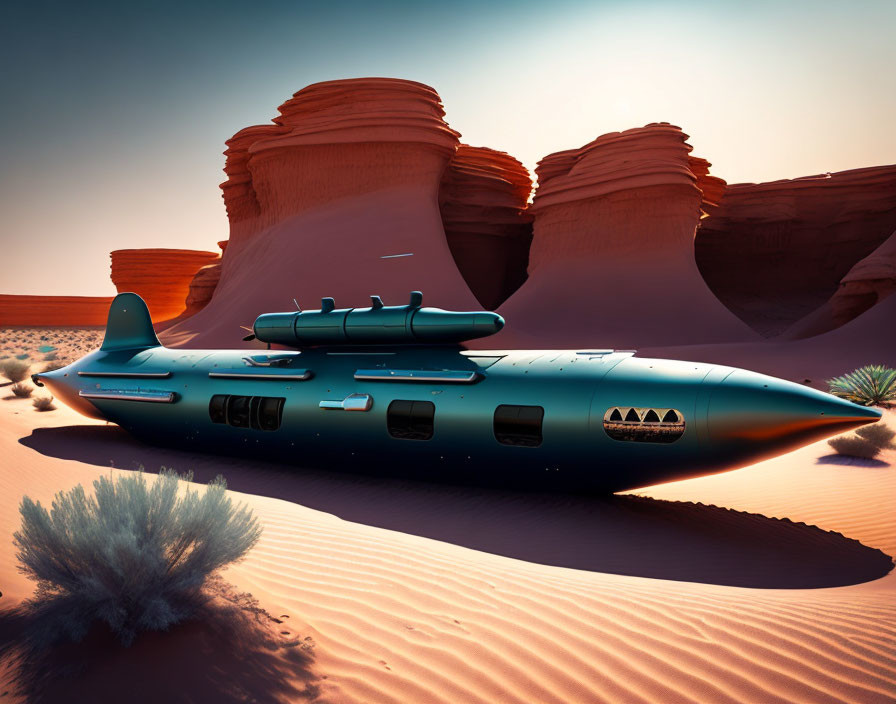 Futuristic submarine-like vehicle stranded in red desert landscape