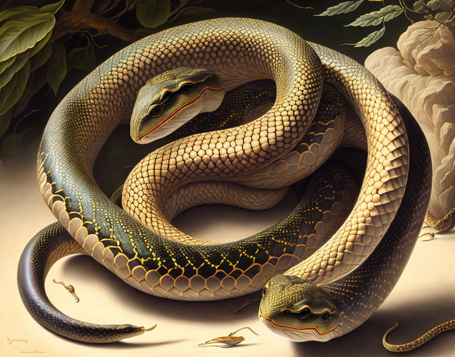 Detailed Painting of Coiled Snake on Leafy Surface