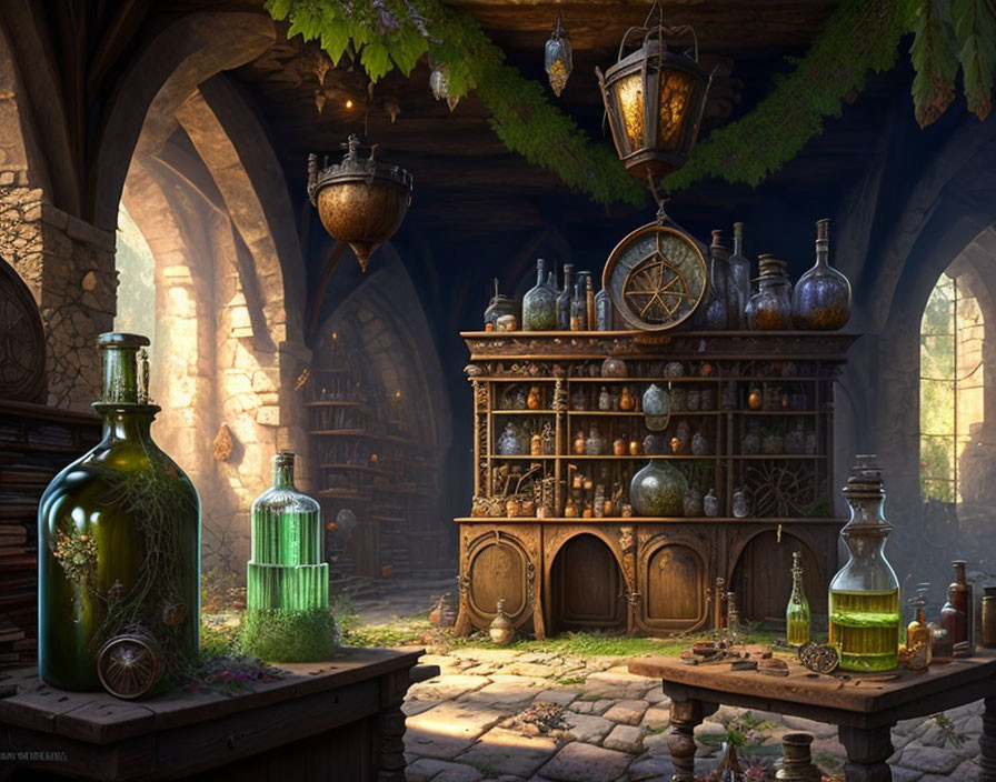 Medieval alchemist's workshop with bottles, jars, sunlight, and greenery