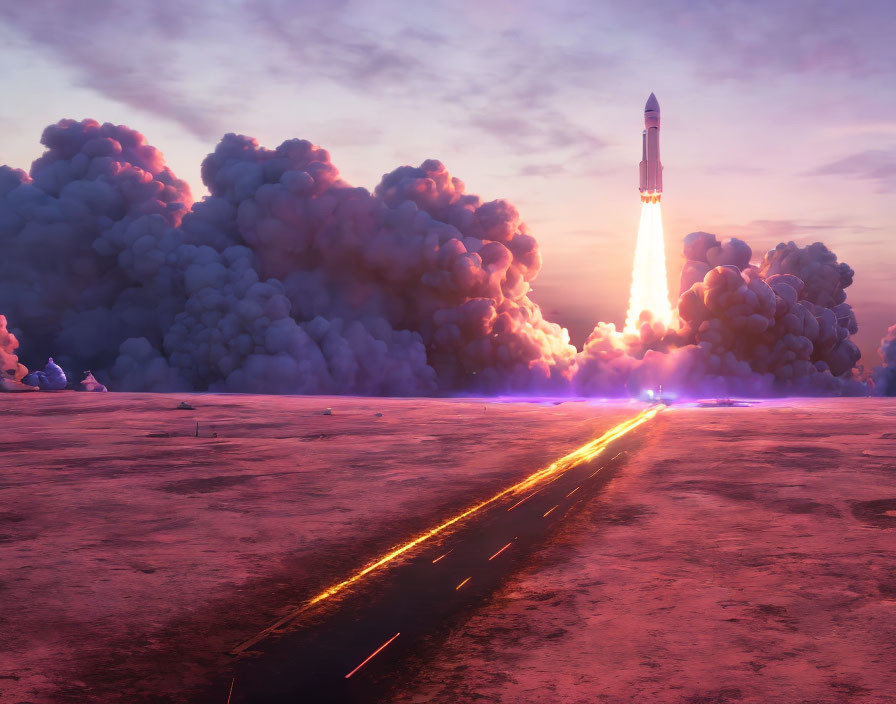 Fiery Rocket Launch Against Pink and Purple Sunset Sky