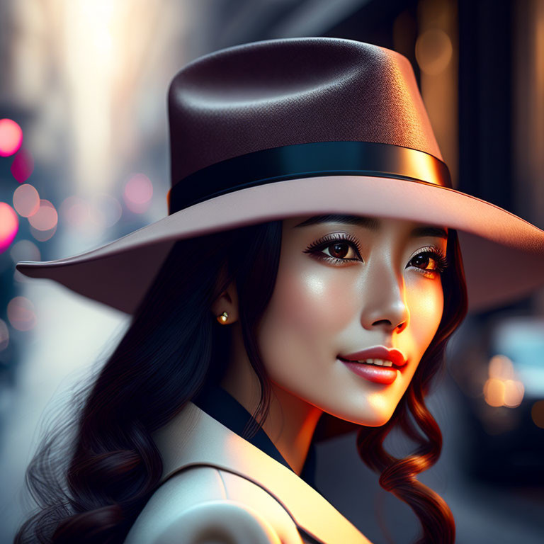 Stylish Woman with Brown Hat in Cityscape Illustration